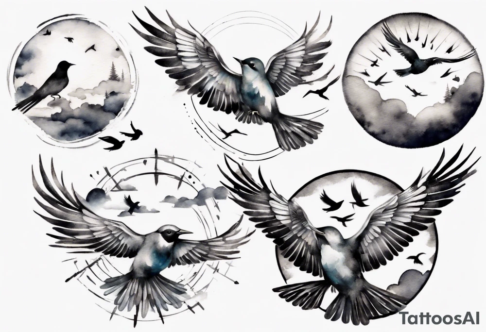 shoulder tattoo with light rays with birds flying free among the clouds, round shape, 3d effect tattoo idea