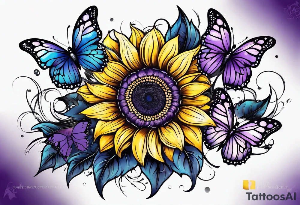 Purple, yellow and blue sunflowers with a butterfly leg sleeve tattoo idea