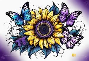Purple, yellow and blue sunflowers with a butterfly leg sleeve tattoo idea