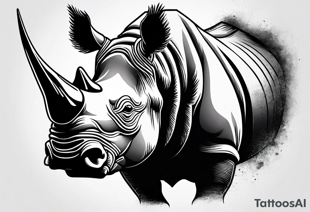 A rhino head with a dark attitude, and a sharp elongated tusk. tattoo idea