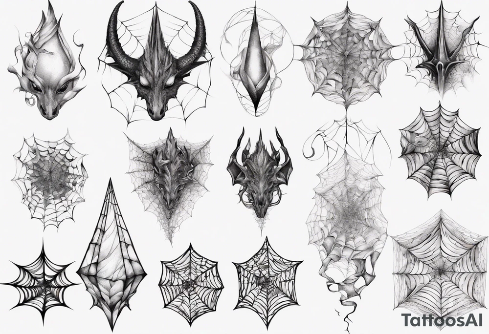 Dragon scales tangled spiderweb unicorn horn shattered chalices spider tattoo idea