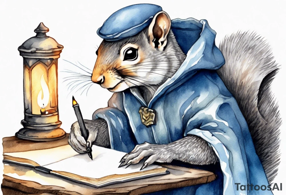 an elderly grey squirrel with a beard dressed in a grey and blue cloak writing a letter by candlelight tattoo idea
