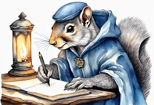 an elderly grey squirrel with a beard dressed in a grey and blue cloak writing a letter by candlelight tattoo idea
