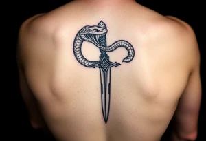 mystical snake coiled around an ancient dagger with jeweled hilt tattoo idea