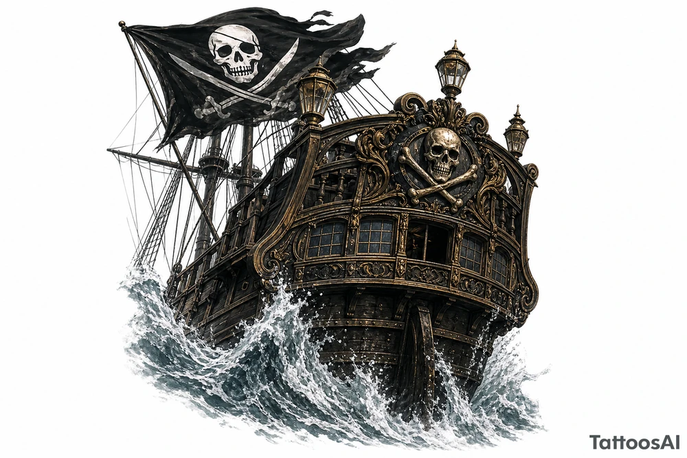 Close-up of a pirate ship's stern, waves crashing over the deck, Jolly Roger. tattoo idea