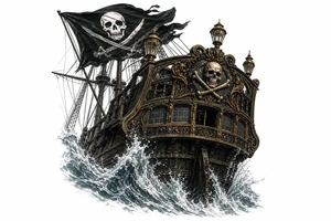 Close-up of a pirate ship's stern, waves crashing over the deck, Jolly Roger. tattoo idea