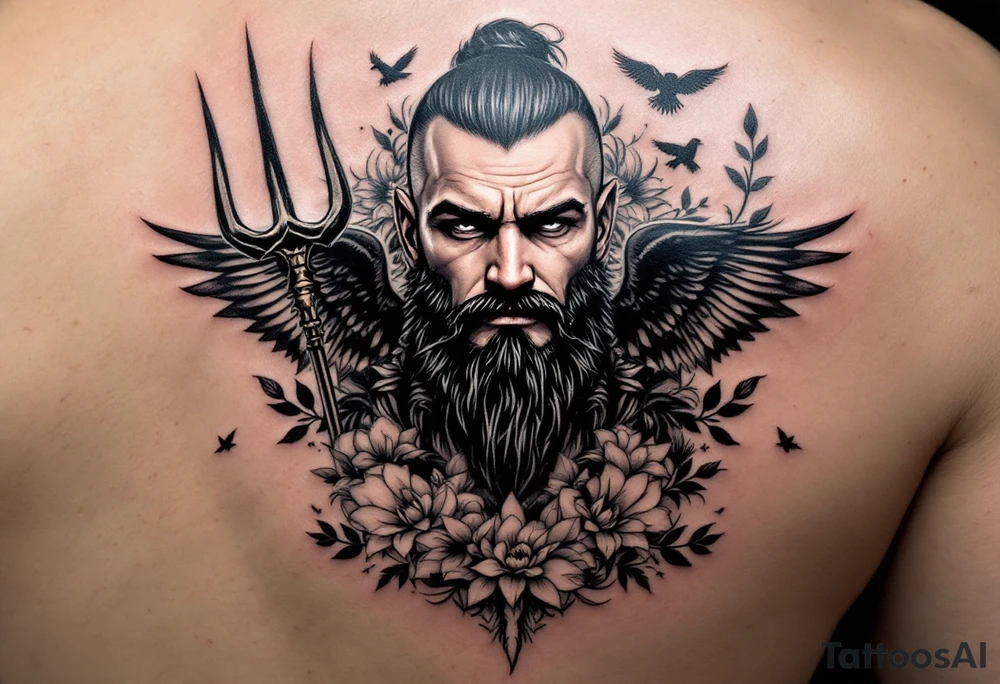 powerful man with a trident, surrounded by floral ornaments and birds tattoo idea