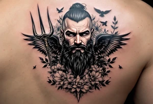 powerful man with a trident, surrounded by floral ornaments and birds tattoo idea