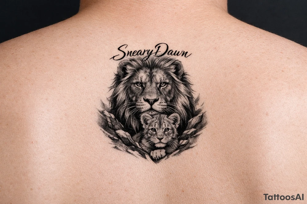 Big lion with smaller lion with saying of SnearyDawn tattoo idea