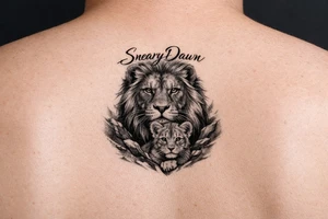 Big lion with smaller lion with saying of SnearyDawn tattoo idea