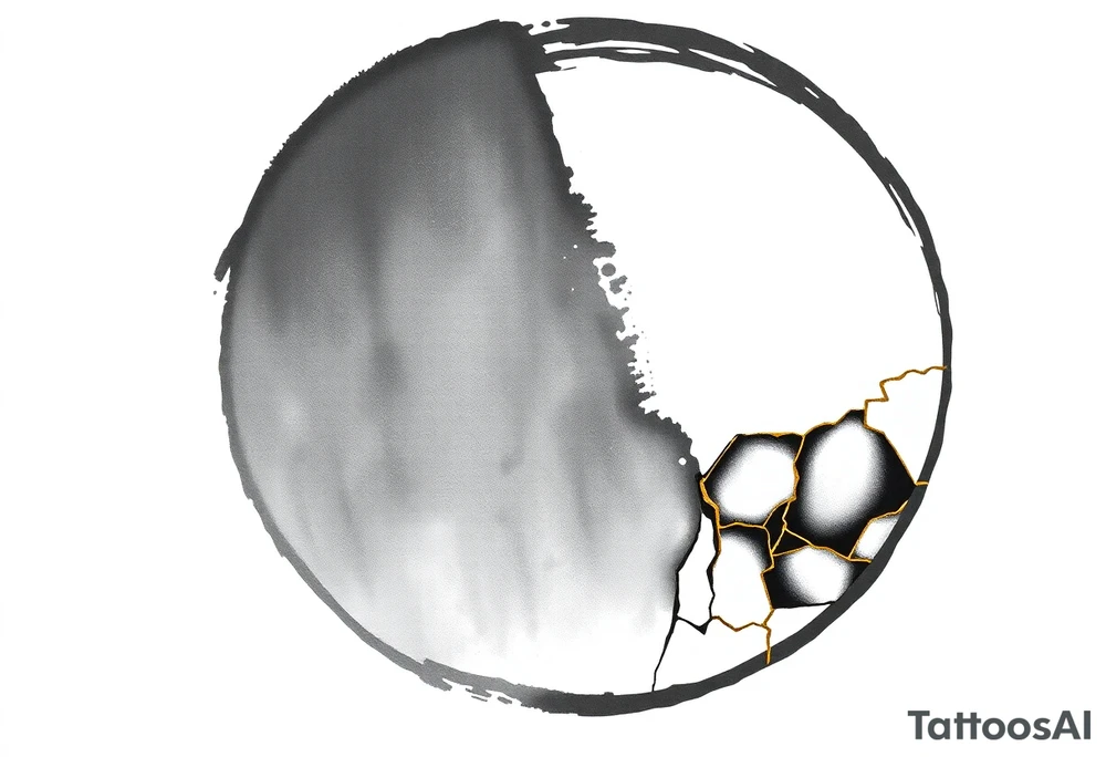 A minimalist Japanese‑inspired tattoo of a thick Zen ensō circle, drawn with a bold, hand‑painted black ink brushstroke. The circle is imperfect and organic, with visible texture and subtle variation in line thickness. About the last quarter of the circle, near the top‑right, transforms into a cracked ceramic segment that has been repaired using kintsugi: visible broken pieces outlined and joined by thin, flowing gold lines. The gold seams follow the natural fractures of the ceramic section, creating several branching cracks rather than a single line, clearly distinguishing this repaired portion from the rest of the smooth ink circle. The transition from ink to ceramic should feel natural, as if the painted circle solidifies into a fragile object that has been lovingly mended. Keep the interior of the circle empty (no tree, no mountains, no stars), with a clean white background and no extra symbols or text. Design it as a black and gray tattoo with a subtle metallic gold effect on the kintsugi seams, suitable for a medium‑sized placement on the inner forearm. tattoo idea