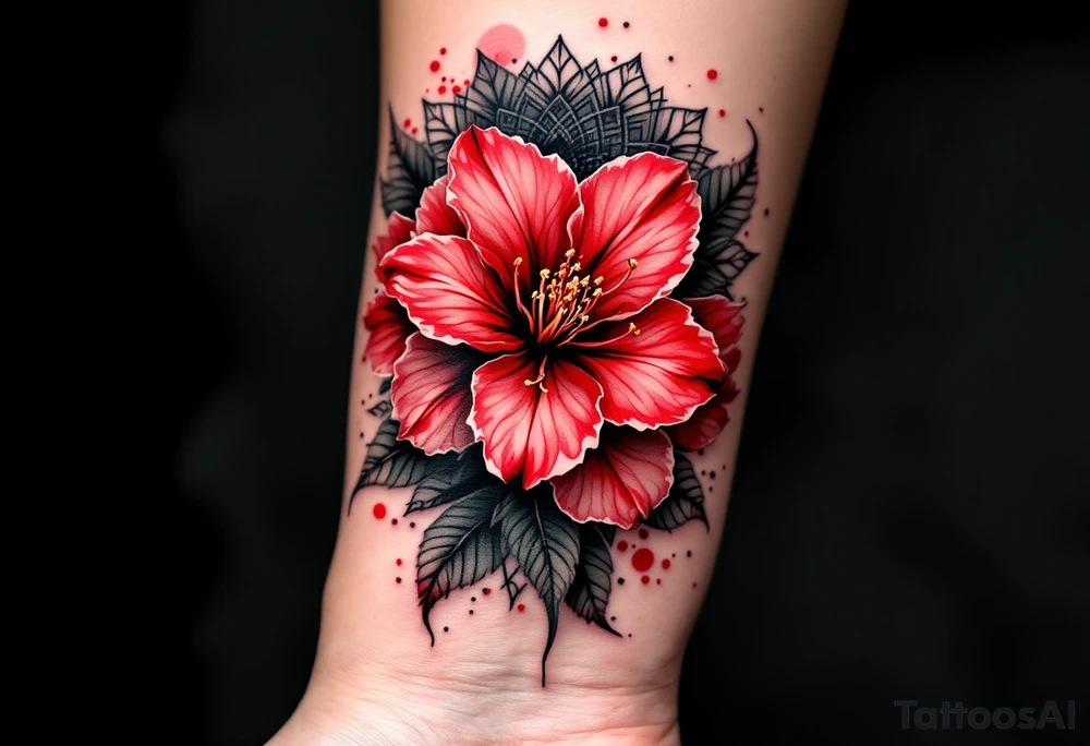 red  and black rhododendron trippy with mandala behind tattoo idea