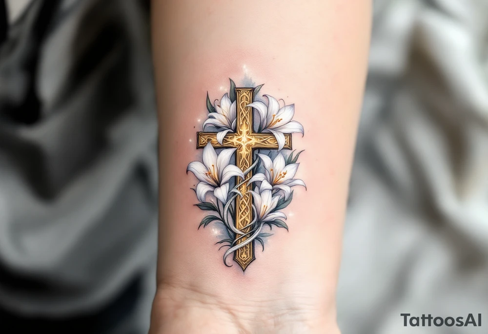 A golden Celtic cross with delicate white lilies blooming from its base, representing purity and divine love. tattoo idea