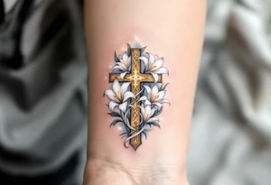 A golden Celtic cross with delicate white lilies blooming from its base, representing purity and divine love. tattoo idea