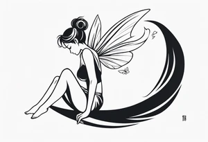 Minimalistic, monochromatic fairy with a tail flying to the left in a fetal position, leaning and looking in the same direction, with visible hands, embodying the 'Fairy Tail' logo aesthetic. tattoo idea