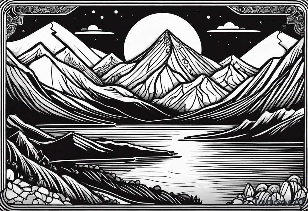 mountains, road, lake, yurt, sun, kyrgyzstan tattoo idea