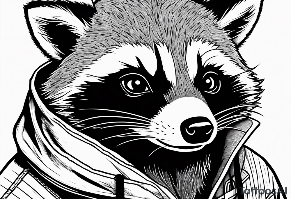 Raccoon wearing an orange Superman hoodie tattoo idea