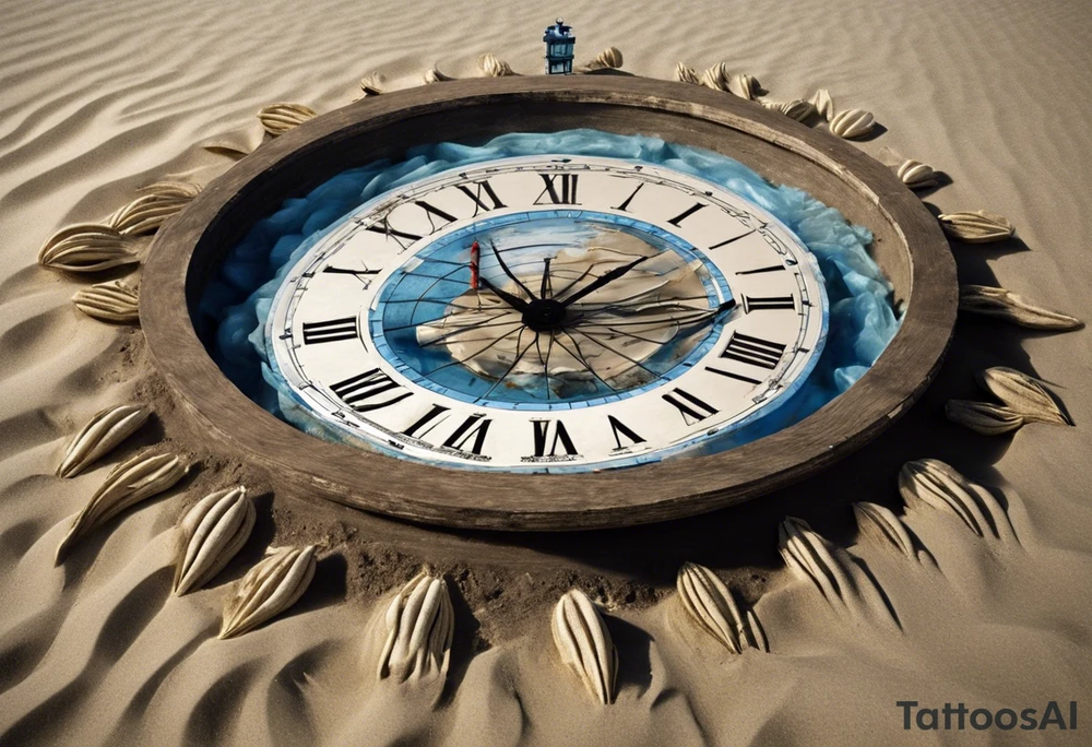un reloj de arena que dentro de él habrá un barco enterrado en la arena, y al pie del reloj habrán flores. Bajo las flores habrá un papelito que diga "Atiny" y de él saldrán enredaderas con hojas pequeñas encerrando el reloj y arriba cerrará con un papelito que diga "Star1117" tattoo idea