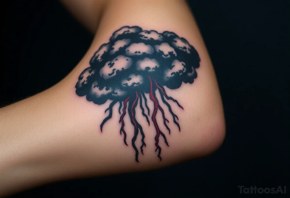 Dark, black menacing storm clouds with creepy red bolts of lightning & heavy rain coming down tattoo idea
