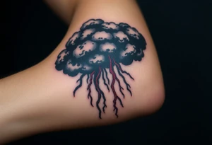 Dark, black menacing storm clouds with creepy red bolts of lightning & heavy rain coming down tattoo idea