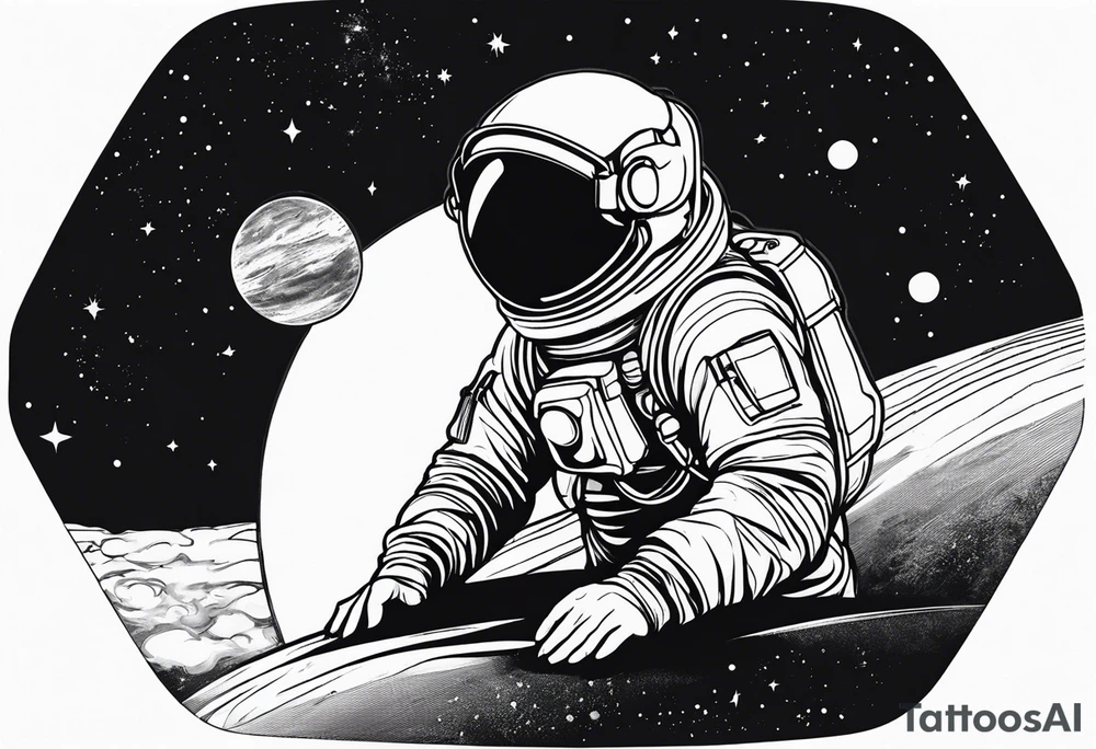an astronaut hunched over in space from the back holding a planet in his hands tattoo idea