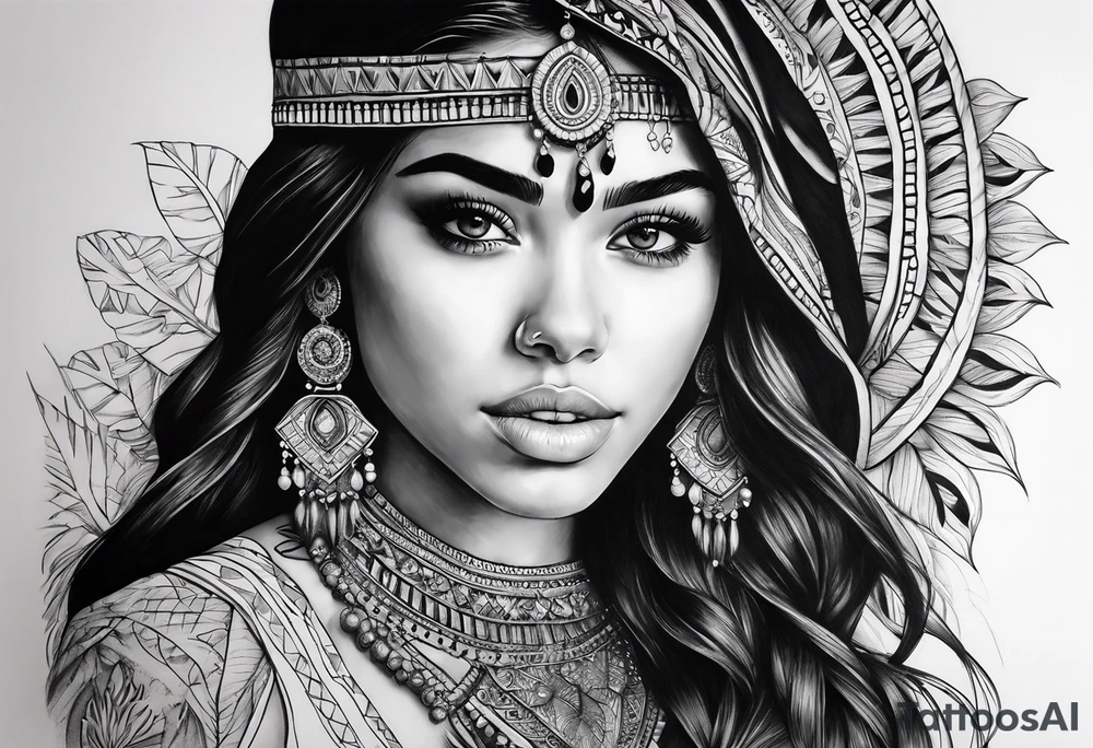 Indian girl tattoo, that looks like madison beer but not 1:1, for upper arm tattoo idea