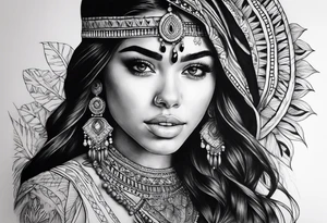Indian girl tattoo, that looks like madison beer but not 1:1, for upper arm tattoo idea