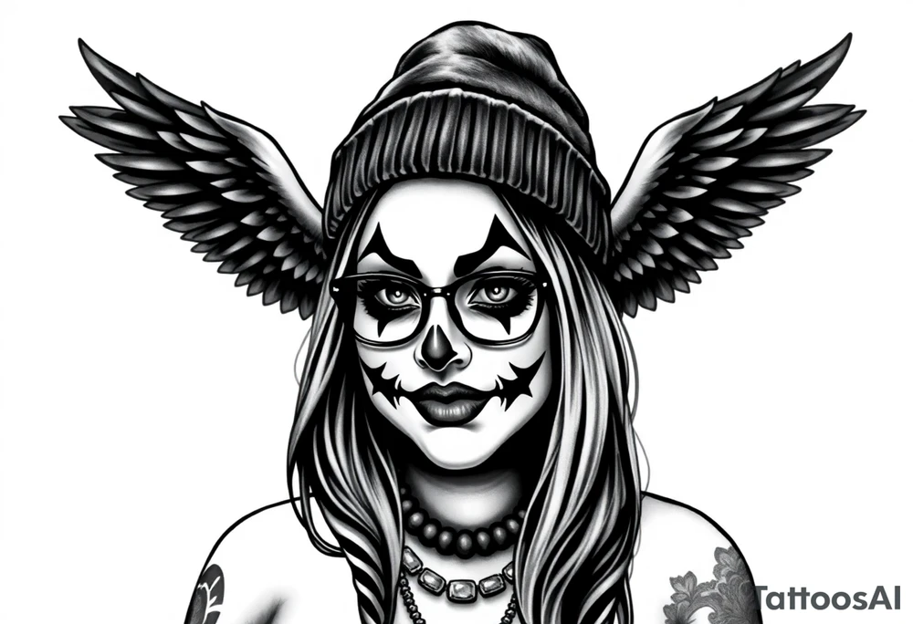 Chicana BBL fat sexy chunky plus size beautiful long hair clown makeup angel wings thug beanie eyeglasses tattoo idea