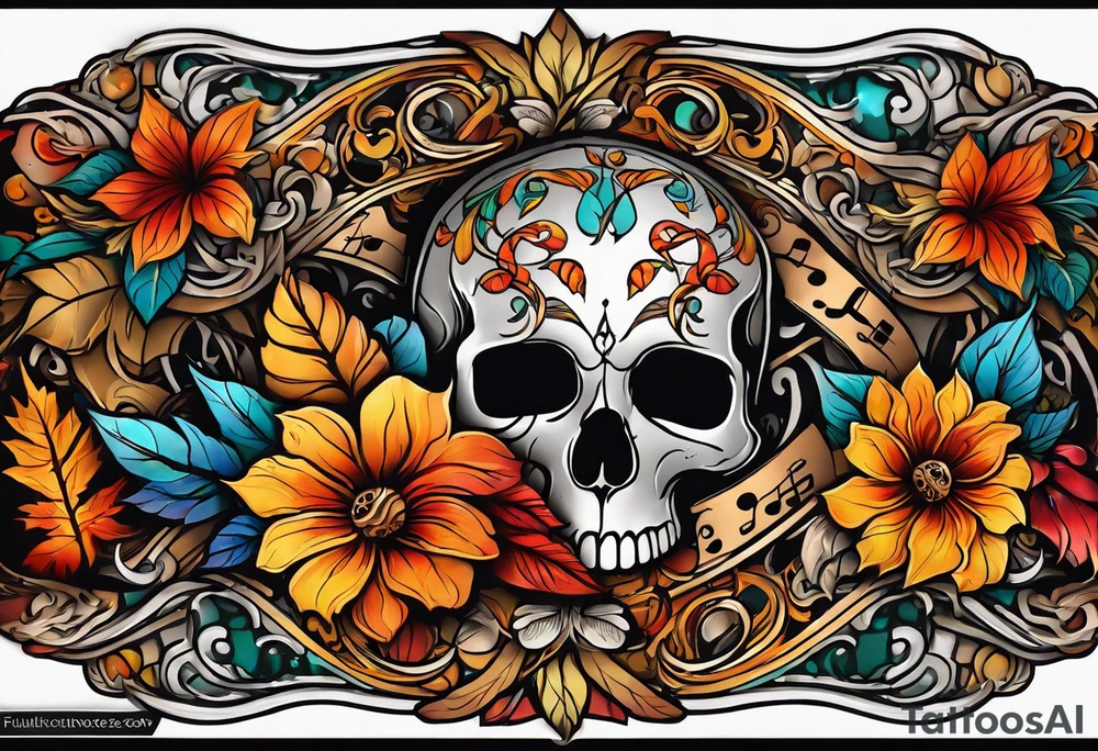 arm sleeve with fall colors, flowers, water flow shapes, leaves and various natural shapes, music notes, skulls tattoo idea