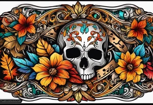 arm sleeve with fall colors, flowers, water flow shapes, leaves and various natural shapes, music notes, skulls tattoo idea