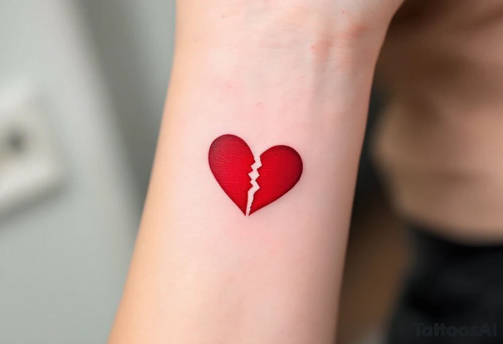A minimalist red heart split between two wrists, forming a whole when held togethe tattoo idea