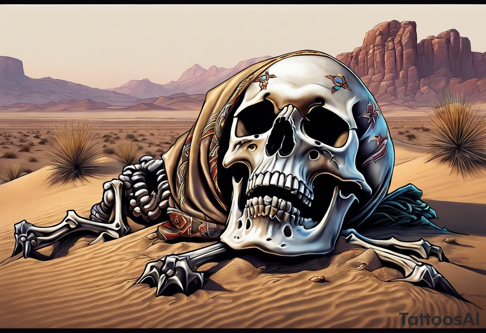 skeleton crawling towards a cross in a desert tattoo idea