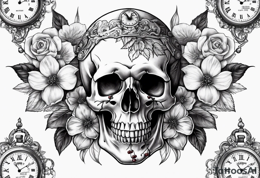 Stopwatch skull and cherry bloom tattoo idea