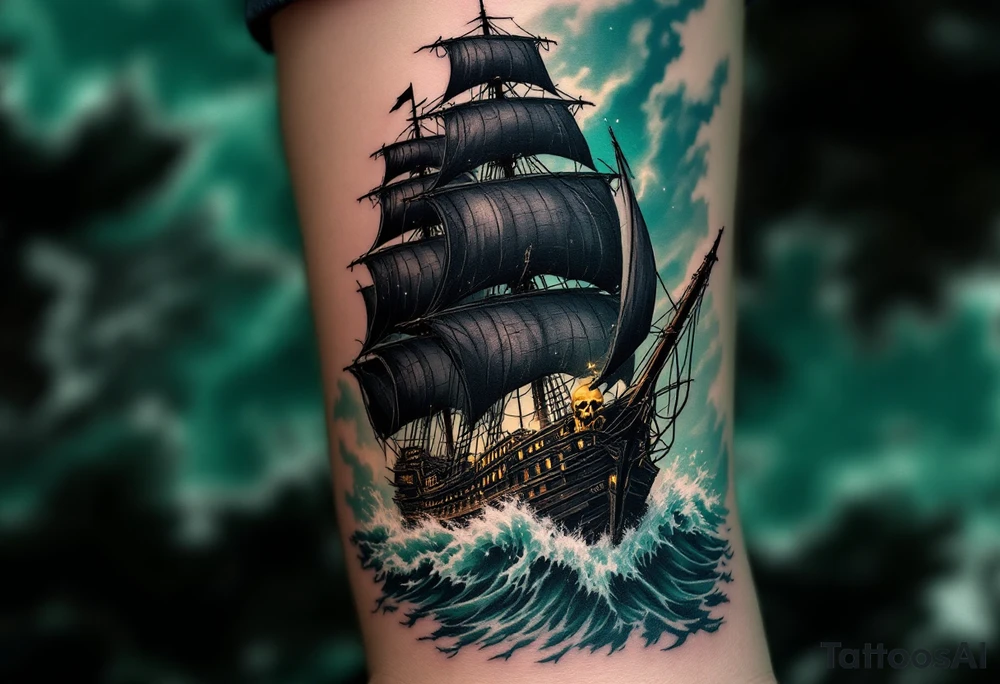 Tidebreaker Warship – A massive black pirate galleon with ripped sails, cutting through emerald green waves. The golden skull figurehead glows in the moonlight, and flashes of cannon fire illuminate the stormy sky. tattoo idea