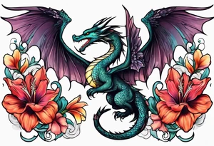 A Dragon with hummingbird surrounding a gladiolus flower tattoo idea