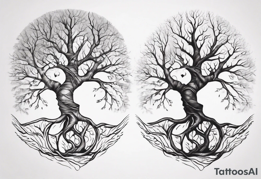 Tree with no leaves that flows in DNA with line work tattoo idea