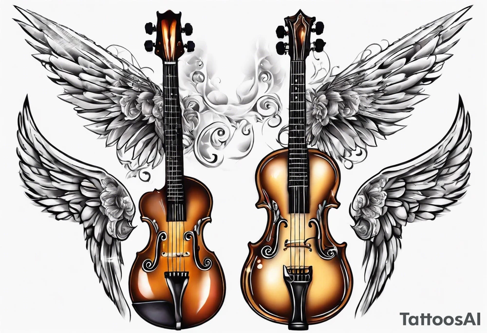 GUITAR LEANING AGAINST A VIOLIN WITH ANGLE WINGS tattoo idea