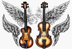GUITAR LEANING AGAINST A VIOLIN WITH ANGLE WINGS tattoo idea
