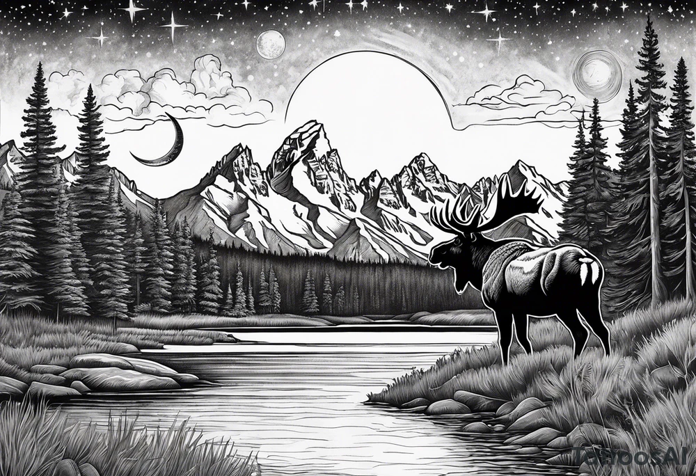 Half sleeve of Teton mountain range with moon and stars in the sky, two moose in front of Teton lake tattoo idea