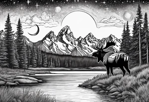 Half sleeve of Teton mountain range with moon and stars in the sky, two moose in front of Teton lake tattoo idea