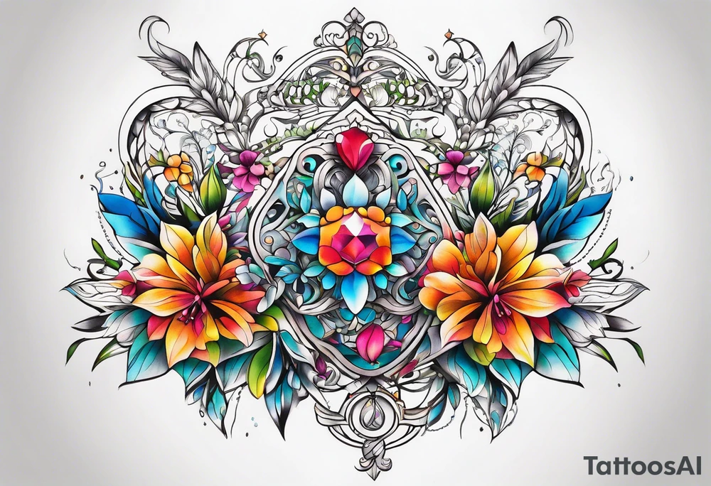 ornaments of flowers with crystals 
chest piece tattoo idea
