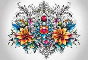 ornaments of flowers with crystals 
chest piece tattoo idea