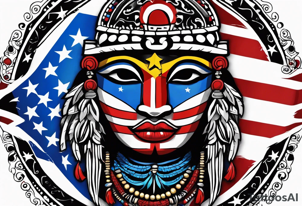 Taino Tribal art holding the Puerto Rican, U.S.  Virgin Islands and Trinidad flags tattoo idea