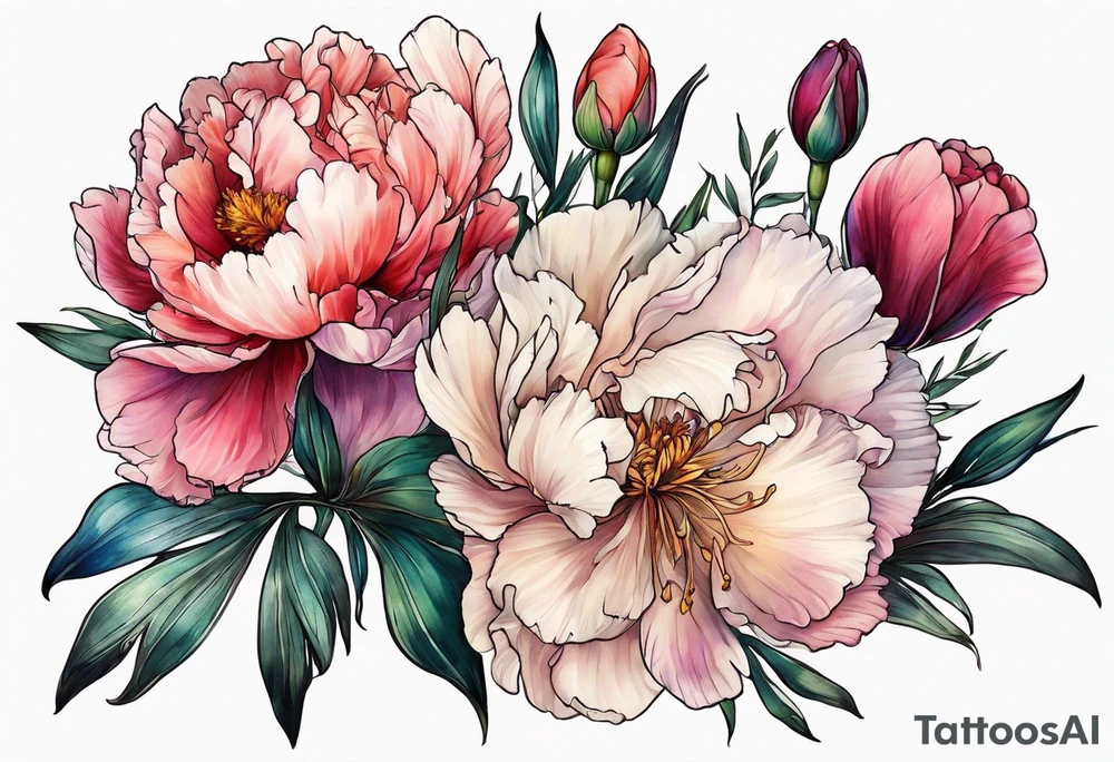 Mix of peonies, iris, poppy, cosmos, and gladiolus flowers tattoo idea