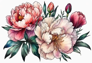 Mix of peonies, iris, poppy, cosmos, and gladiolus flowers tattoo idea