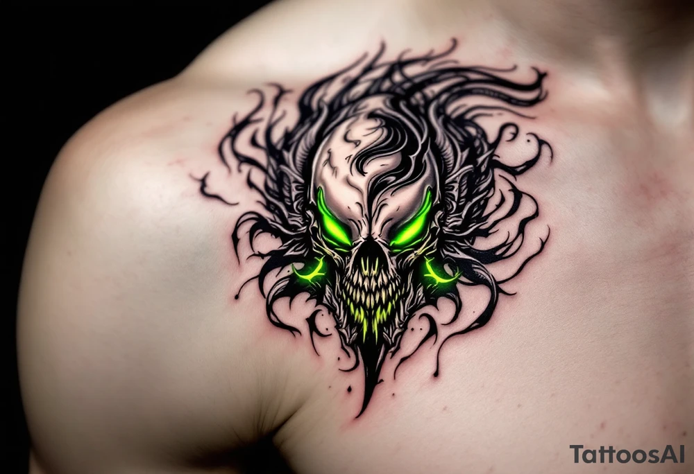 A Xenomorph’s elongated skull blending into abstract tribal patterns, using a dark palette with bright, bioluminescent accents in glowing green and yellow. tattoo idea