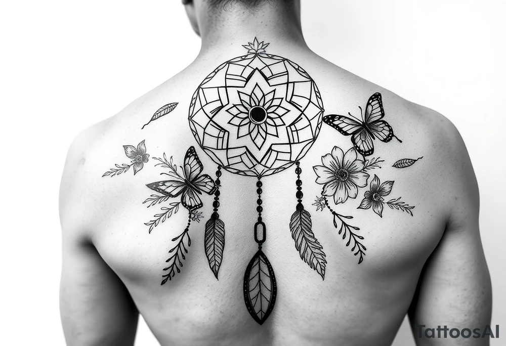 Simple dream catcher with butterflies and flowers tattoo idea