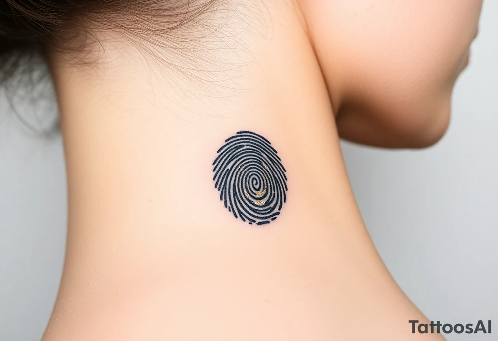 A single bold black fingerprint with delicate gold flakes scattered throughout, creating a unique textured effect tattoo idea