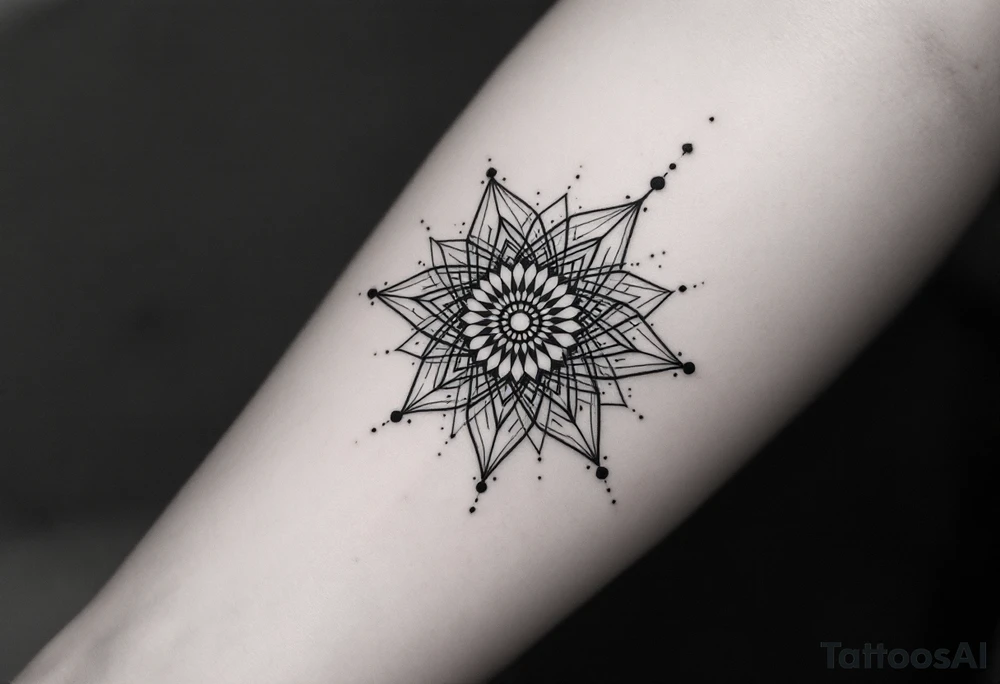 simple, minimalist tattoo, sacred geometry mandala, centerpiece design, dotwork patterns, radiating geometry, symmetrical mandala, geometric shapes, intricate dotwork, sacred patterns, mandala center, geometric radiating, fine line work, black grey shading, minimalist design, no outlines, arm placement, delicate linework, precise geometry, clean symmetry, sacred symbols, geometric precision, dotwork details, mandala focal point, refined patterns, understated complexity, geometric harmony, minimalist tattoo idea