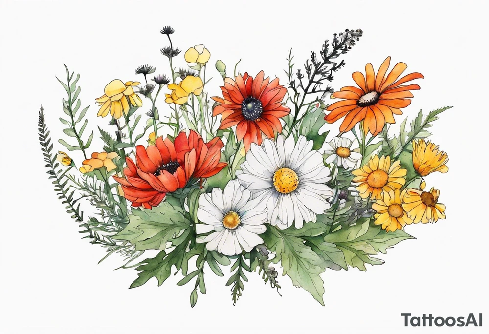 sideways oval of wildflowers cascading with thistles, ferns, white anemones, sun flowers, red flowers, black flowers, buttercups, orange flowers, babys breath and daisies all in watercolor tattoo idea